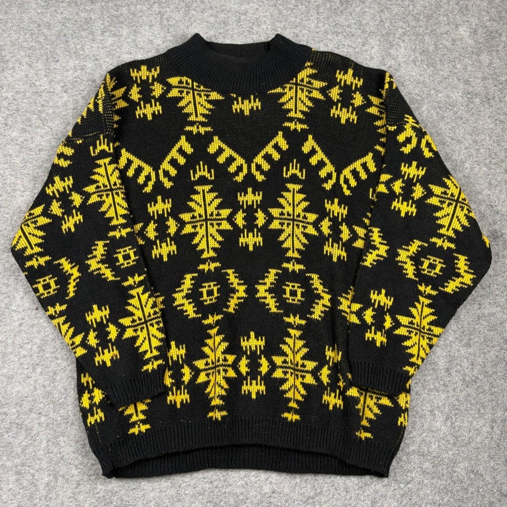 Vintage‎ Nik-Nik Sweater Mens Large Black Yellow Geometric Aztec Made in USA